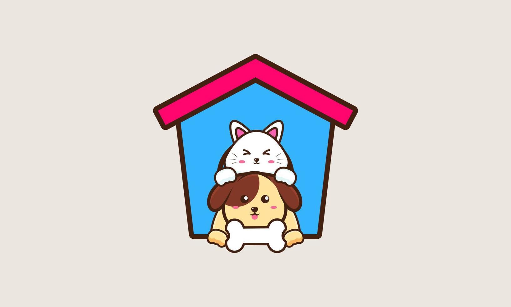 simpatico gatto e cane amico fumetto illustrazione vettoriale. concetto di icona animale amico vettore