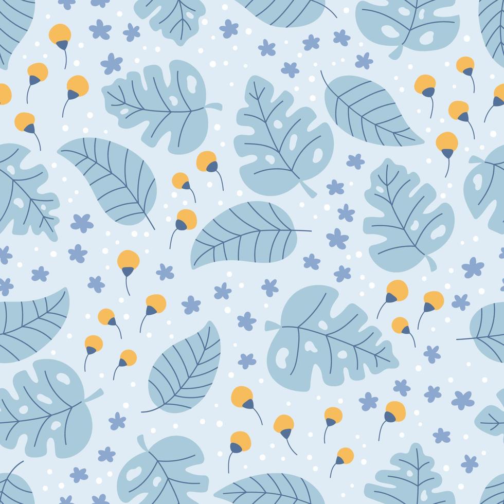 motivo floreale senza cuciture su sfondo blu. monstera di doodle disegnato a mano e foglie tropicali. piccolo campo di fiori gialli e blu. illustrazione vettoriale. vettore