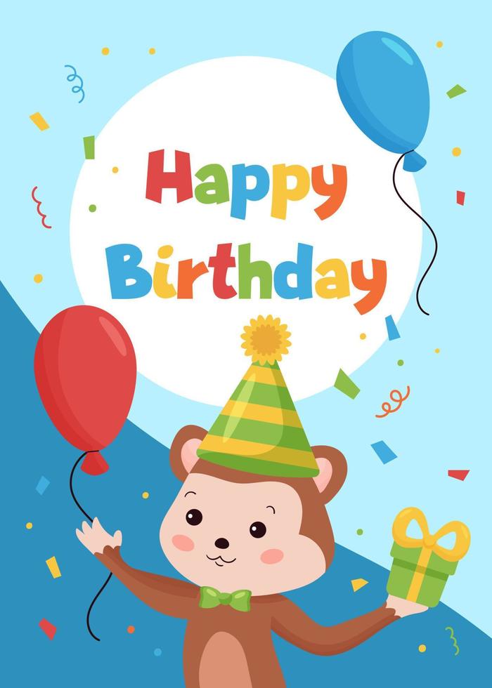 modello di biglietti di buon compleanno per cartoline e inviti. animali della giungla. scimmia divertente cartone animato con palloncini e regali. illustrazione vettoriale. vettore