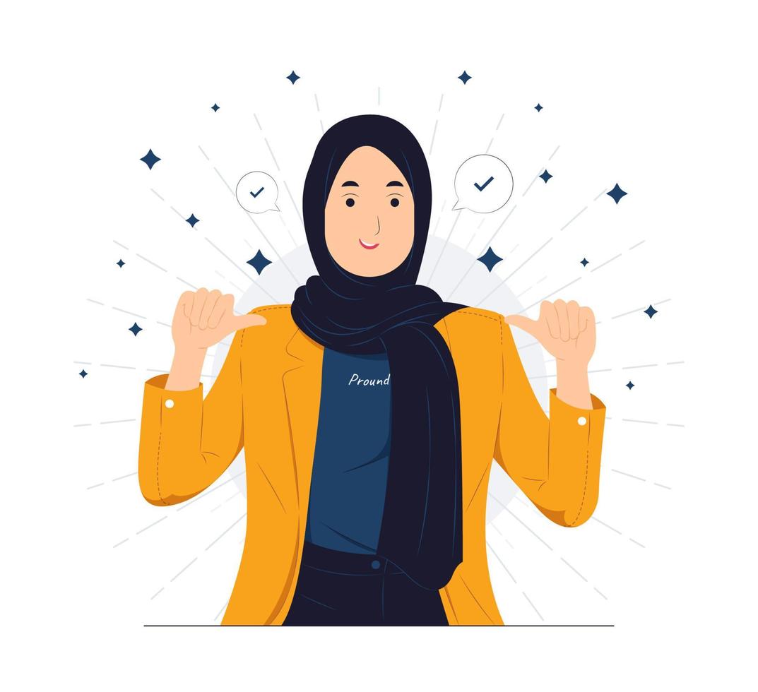 donna d'affari musulmana di successo vestita con un abito elegante con fiducia, indicandosi con le dita orgogliosa e felice, alta autostima, illustrazione concettuale vettore