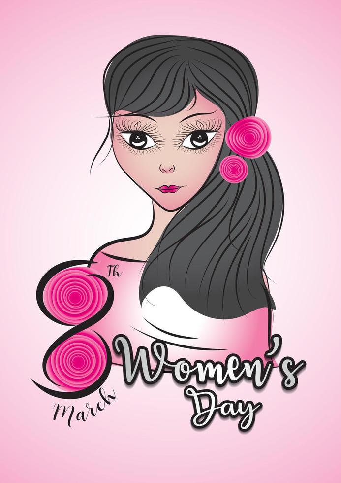 8 marzo. Il modello vettoriale per la festa della donna può essere un poster, un volantino, un banner di vendita, una cartolina, un biglietto di auguri, opuscoli. vettore di donne disegnate a mano. numero 8 nel concetto di fiore rosa.