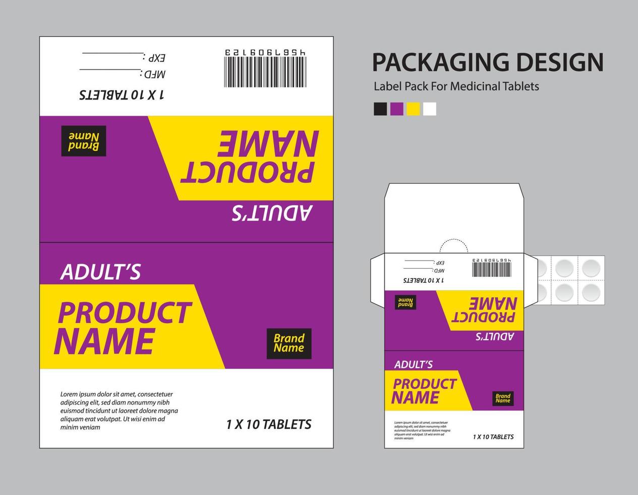 confezione di etichette per compresse medicinali, design di carta per medicinali per etichette, design di imballaggi per medicinali, design di prodotti sanitari. etichetta del prodotto, mock-up realistico. concetto di sfondo d'onda. illustrazione vettoriale