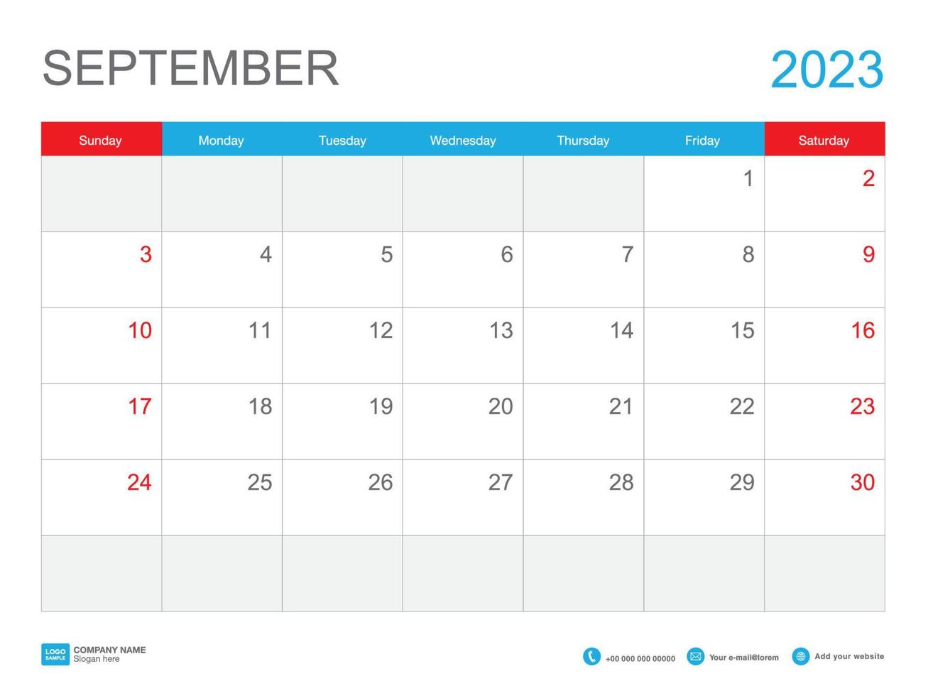 settembre 2023 modello-calendario 2023 design, calendario da tavolo 2023 modello, pianificatore semplice, settimana inizia domenica, cancelleria, calendario da parete, stampa, pubblicità, illustrazione vettoriale