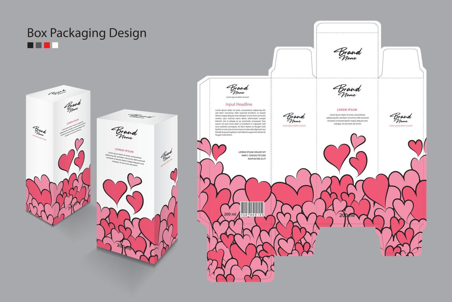 scatola, modello di imballaggio per cosmetici, integratori, spa, bellezza, cibo, capelli, pelle, lozione, medicina, crema. mockup di scatole 3d rosse. idea creativa di design del prodotto. concetto di san valentino, vettore di cuore rosso