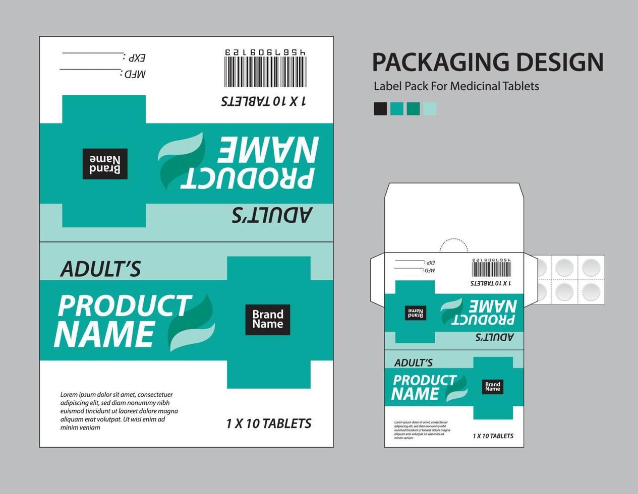 confezione di etichette per compresse medicinali, design di carta per medicinali per etichette, design di imballaggi per medicinali, design di prodotti sanitari. etichetta del prodotto, mock-up realistico. concetto di sfondo d'onda. illustrazione vettoriale