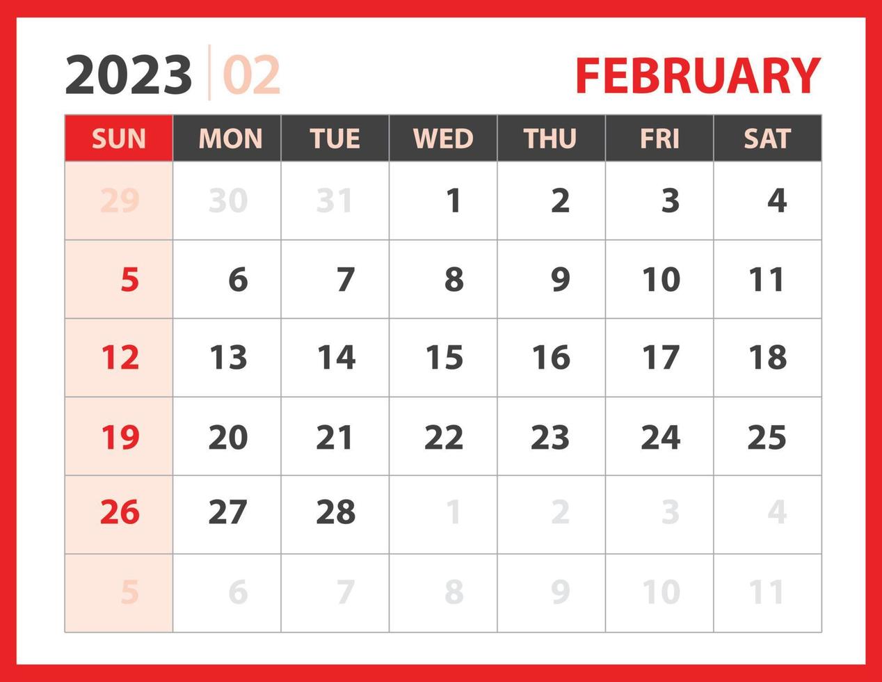 modello febbraio 2023, vettore di progettazione calendario 2023, layout pianificatore, settimana inizia domenica, modello calendario da tavolo 2023, cancelleria. calendario da parete su sfondo rosso, vettore eps 10