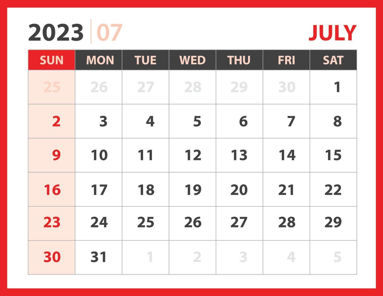 modello luglio 2023, calendario 2023 disegno vettoriale, layout pianificatore, settimana inizia domenica, modello calendario 2023 scrivania, cancelleria. calendario da parete su sfondo rosso, vettore eps 10