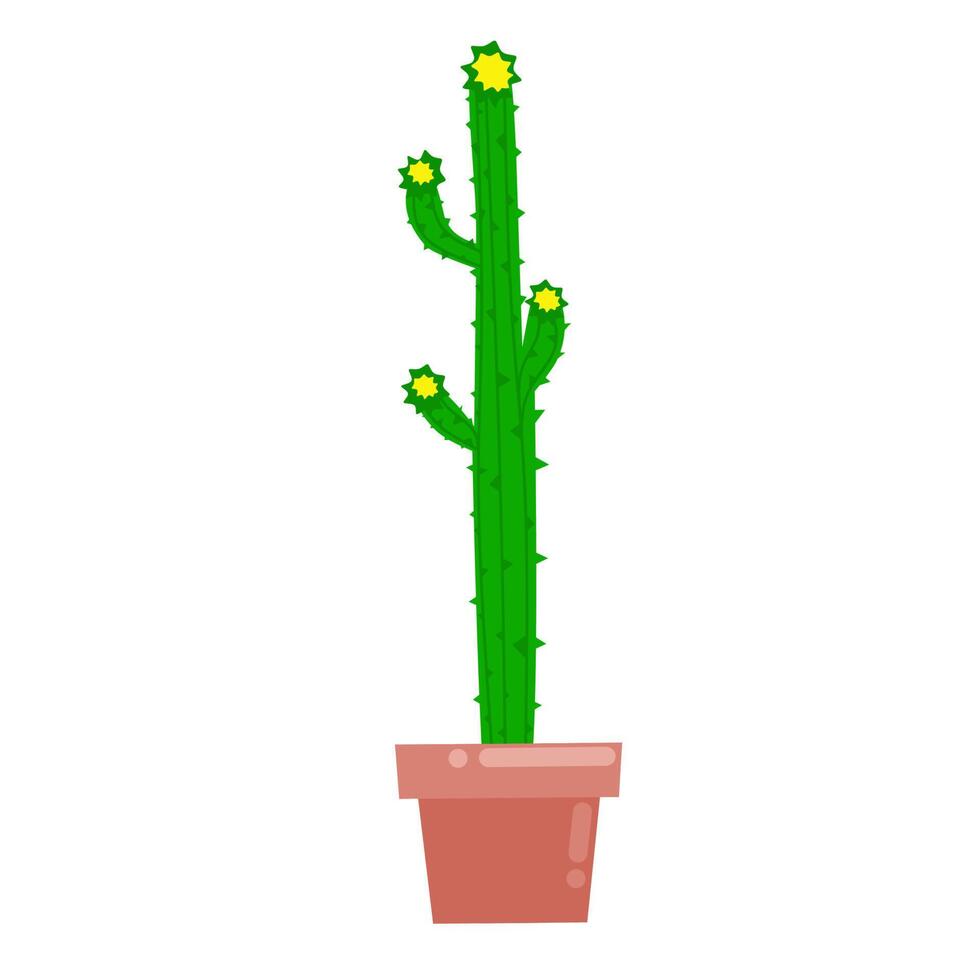 grafica vettoriale illustrazione di un cactus in una pentola. pianta alta di cactus spinoso con graziosi fiori gialli in stile piatto. perfetto per adesivi, copertine di libri per bambini e loghi web.