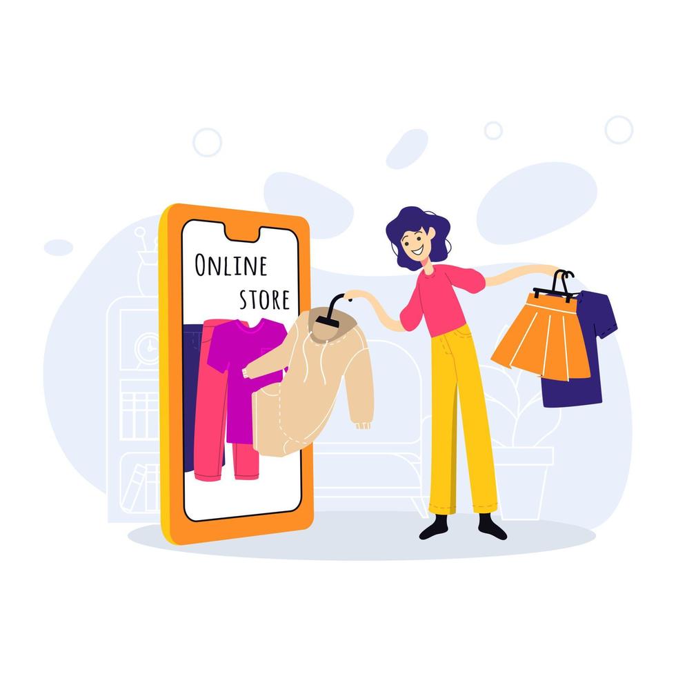 acquisti online di vestiti. il cliente preleva i capi direttamente dal suo smartphone. illustrazione piatta. vettore