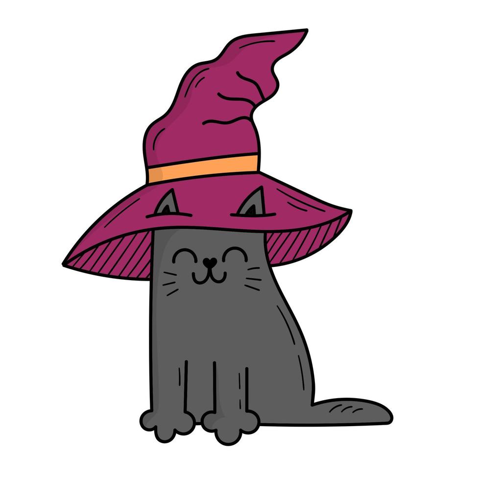 simpatico gatto grigio che indossa un cappello da strega. costume di Halloween. illustrazione in stile scarabocchio vettore