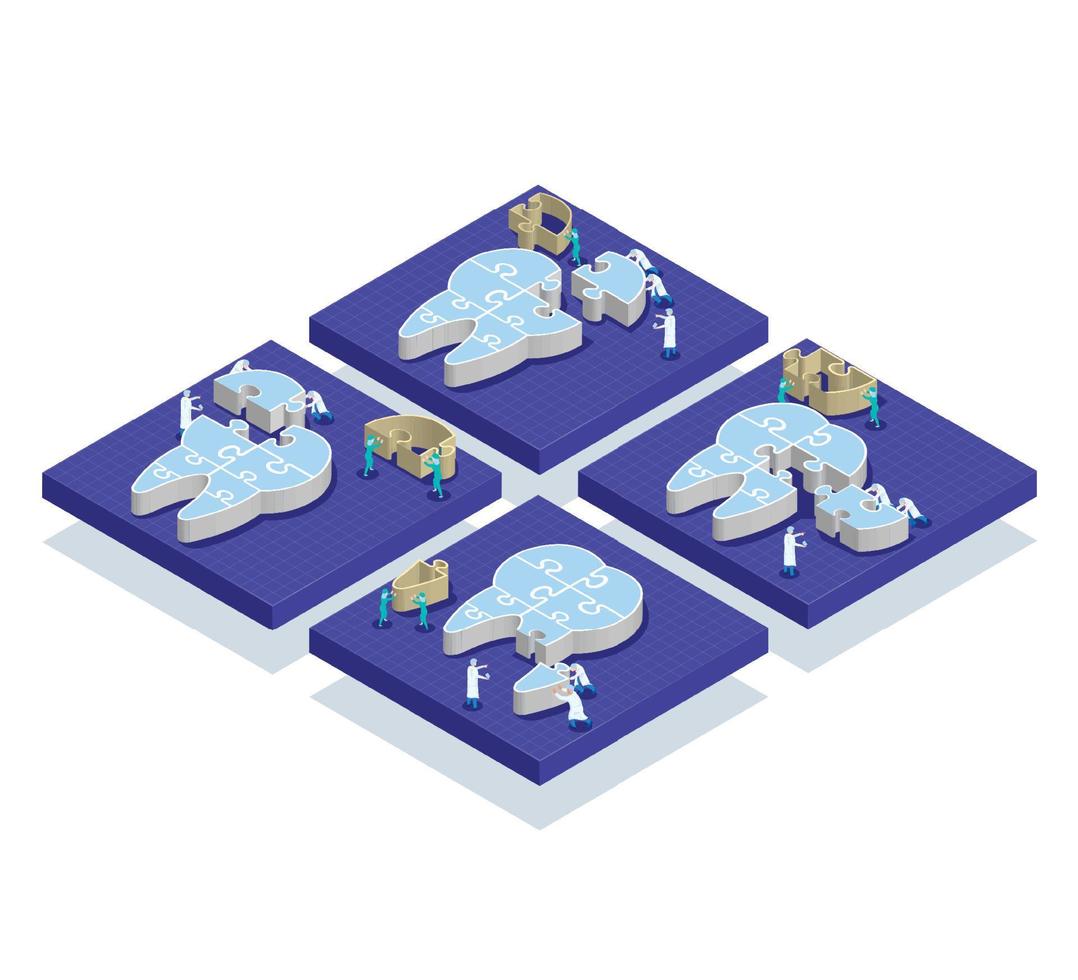 quattro serie di dentisti isometrici puch dente di puzzle dall'inizio al completamento, concetto di cura dentale vettore