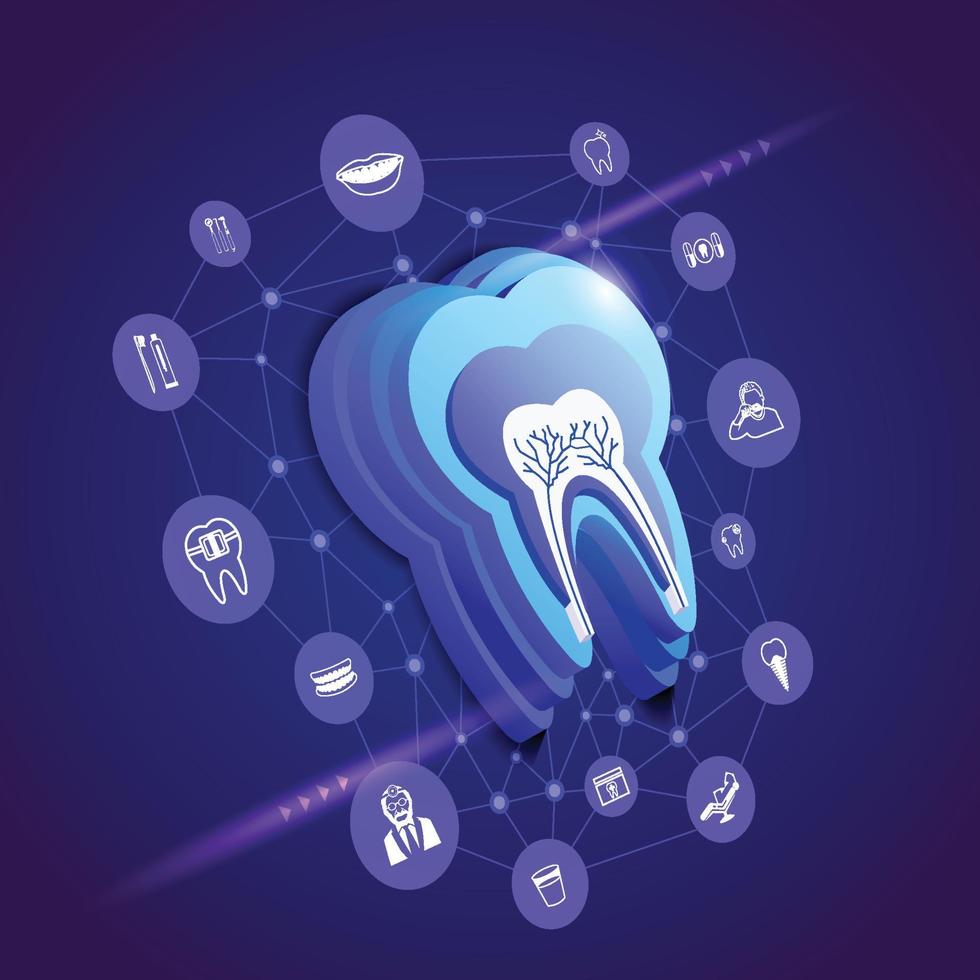 illustrazione 3d icona del dente con icone dentali su sfondo hi-tech vettore
