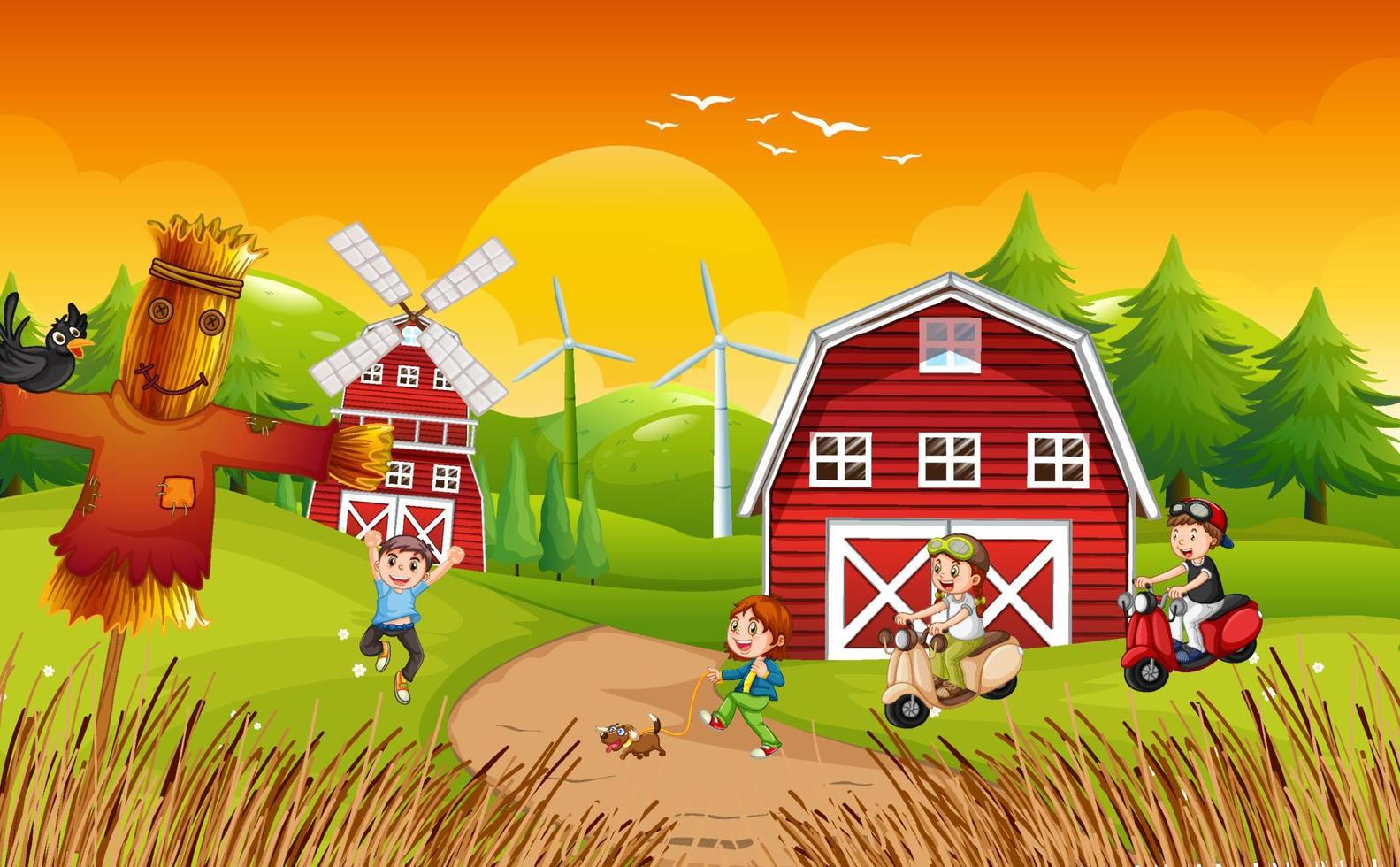 bambini felici nel paesaggio della fattoria vettore