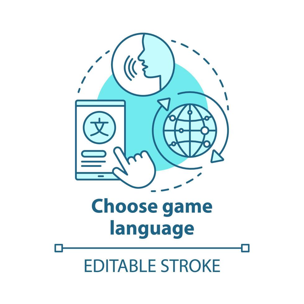 scegli l'icona del concetto di lingua di gioco. selezionare l'illustrazione al tratto sottile dell'idea di traduzione della missione. comunicazione multilingue. caratteristiche linguistiche differenti. disegno di contorno isolato vettoriale. tratto modificabile. vettore