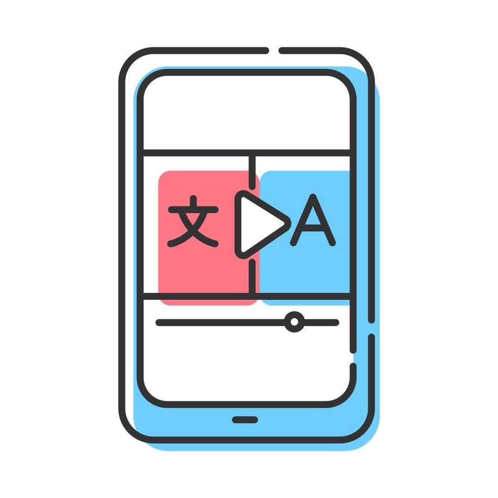 icona del colore della traduzione video. app dizionario online. servizi di traduzione. interpretazione dei media visivi. significa imparare le lingue. illustrazione vettoriale isolata