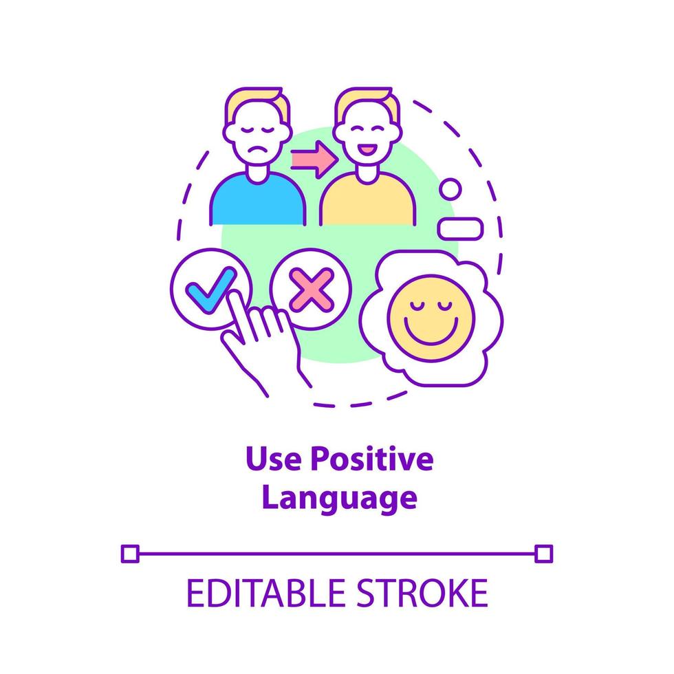 utilizzare l'icona del concetto di linguaggio positivo. illustrazione della linea sottile dell'idea astratta della strategia del servizio clienti. disegno di contorno isolato. tratto modificabile. vettore