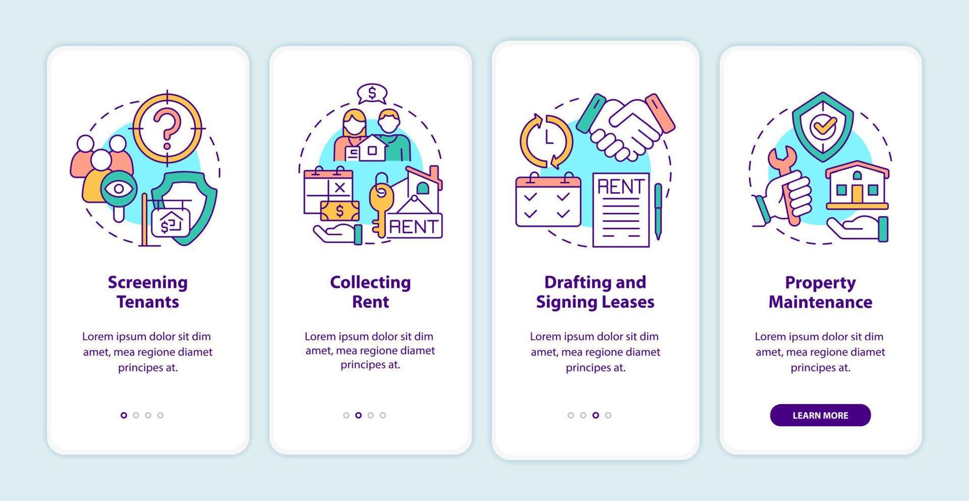 responsabilità del gestore della proprietà durante l'onboarding della schermata dell'app mobile. guida alle opere 4 passaggi istruzioni grafiche pagine con concetti lineari. ui, ux, modello gui. vettore