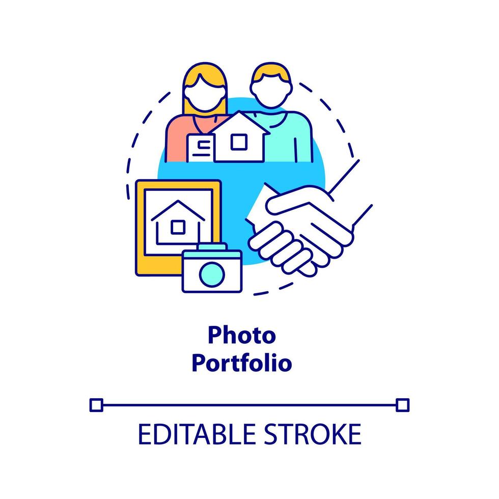 icona del concetto di portfolio fotografico. promuovere immobili in affitto. illustrazione di linea sottile di idea astratta di gestione della proprietà. disegno di contorno isolato. tratto modificabile. vettore