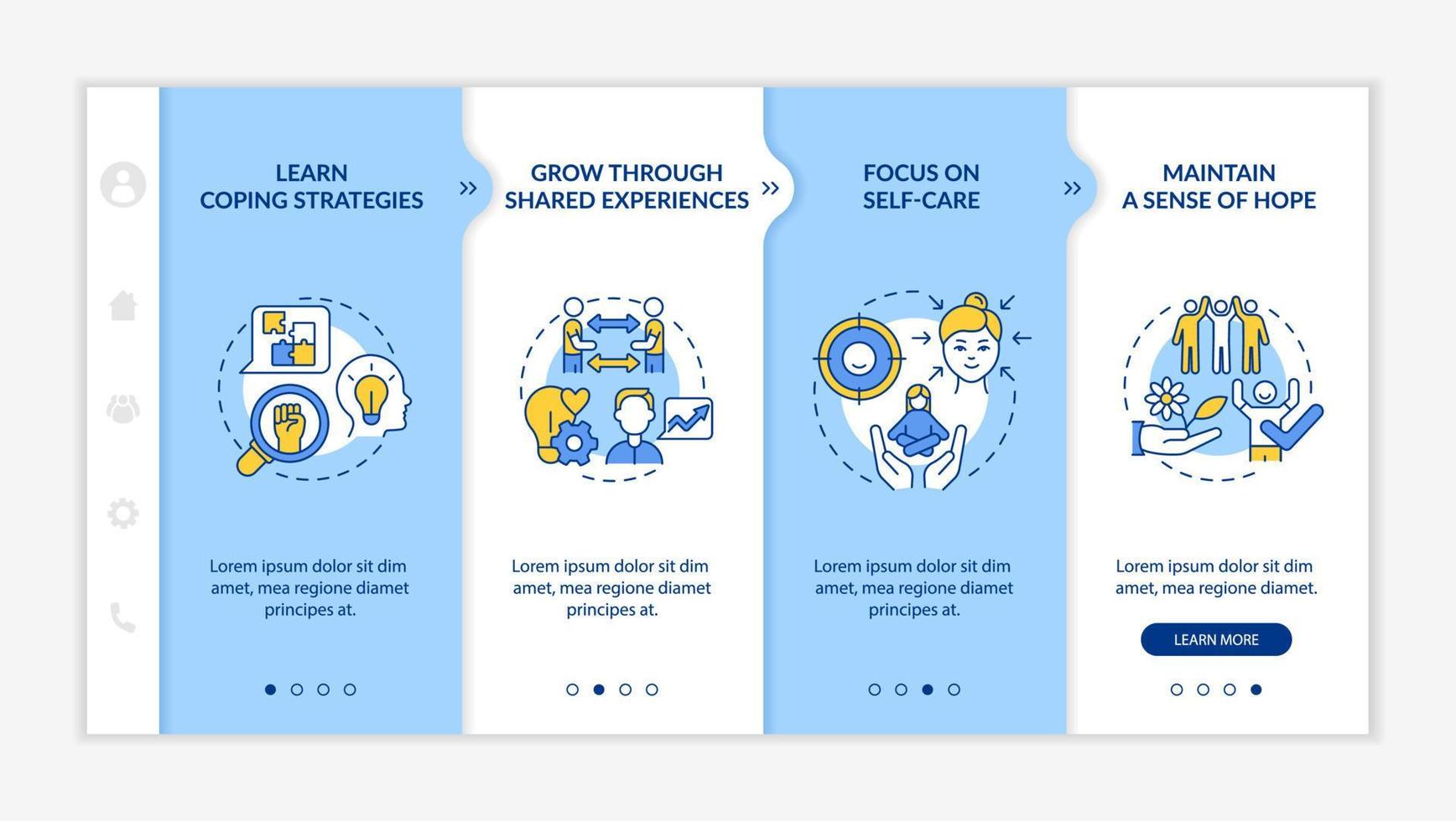 modello di onboarding blu e bianco vantaggi del gruppo di supporto. strategie di coping. sito Web mobile reattivo con icone concettuali lineari. pagina web procedura dettagliata 4 schermate di passaggio vettore