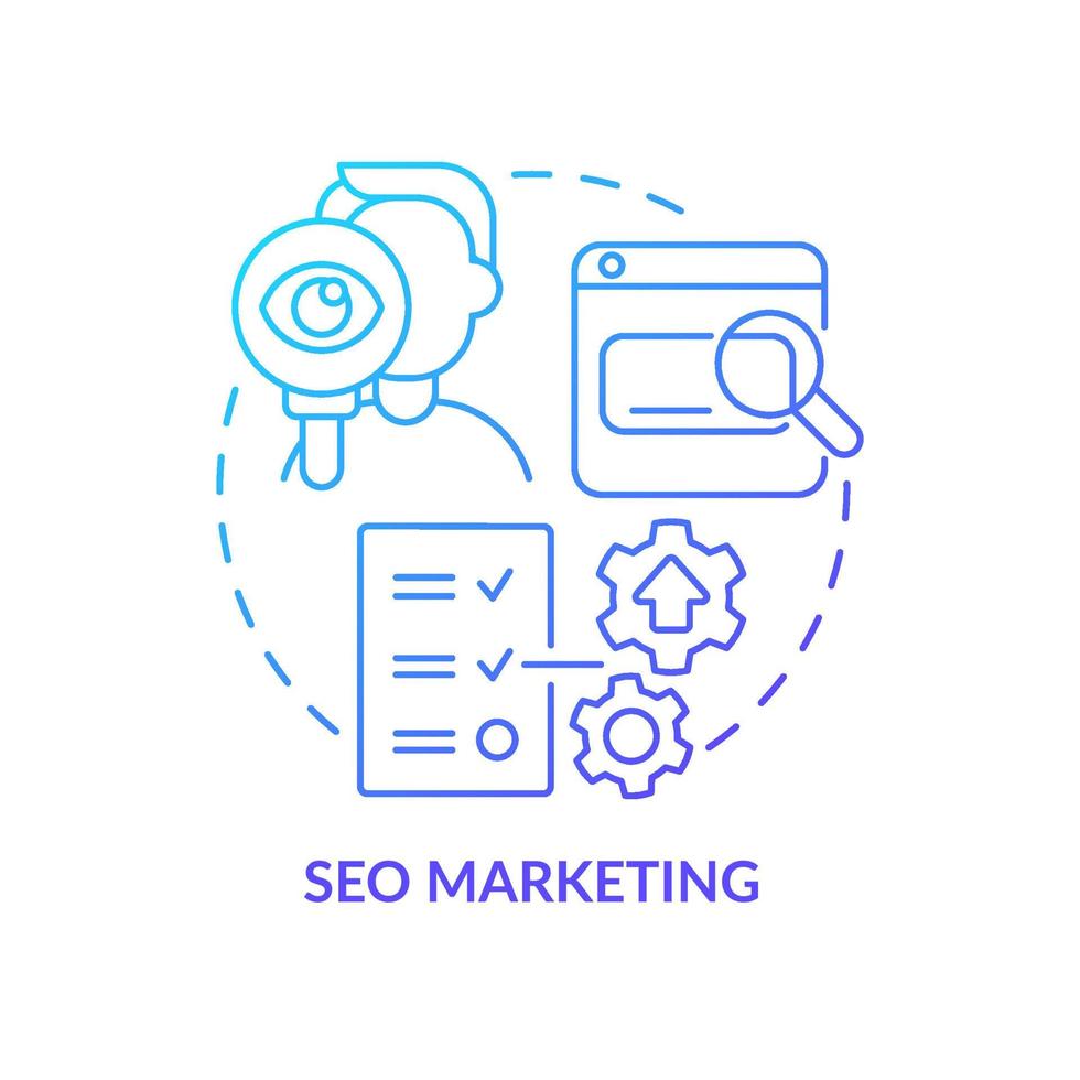 icona del concetto di sfumatura blu marketing seo. campagna pubblicitaria. contenuto per i motori di ricerca illustrazione al tratto sottile dell'idea astratta. disegno di contorno isolato. vettore