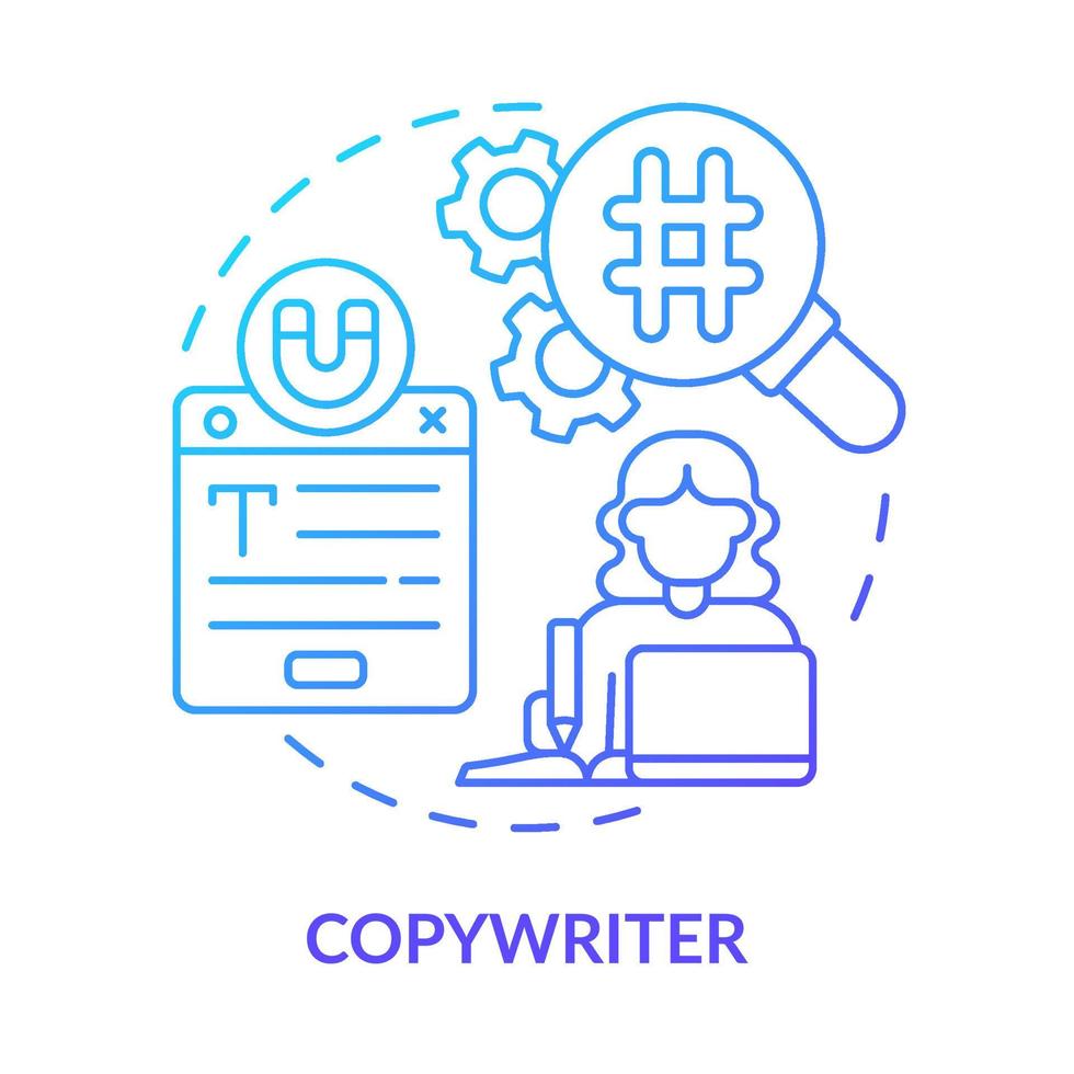 icona del concetto di gradiente blu copywriter. scrittore di contenuti. illustrazione di linea sottile di idea astratta di professione di marketing digitale. disegno di contorno isolato. vettore