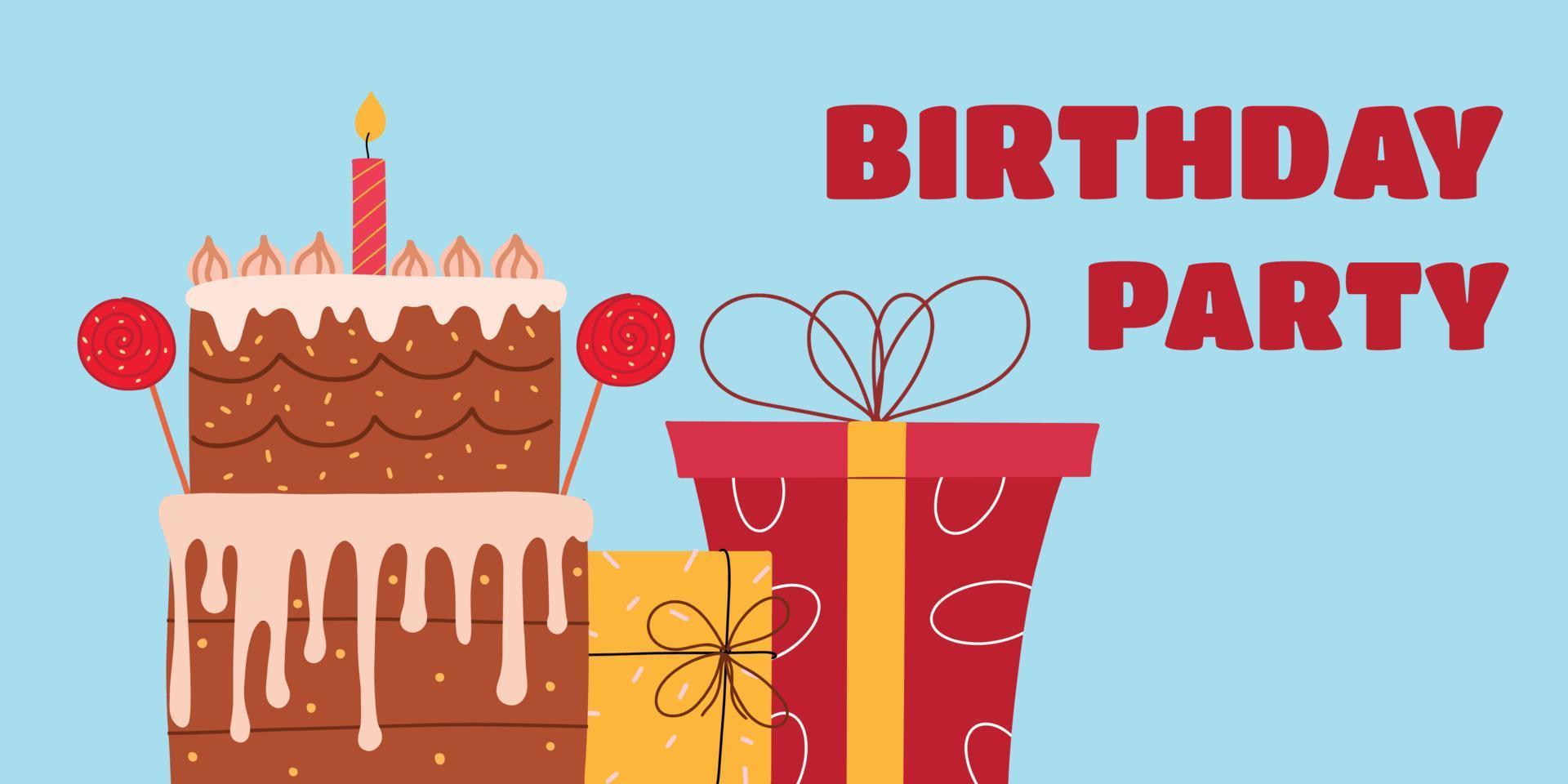 banner di compleanno design piatto con torta e candele. illustrazione vettoriale