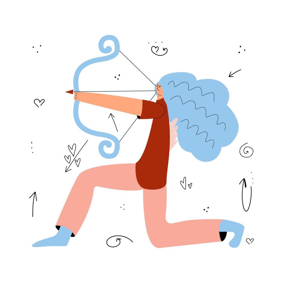 Cupido ragazza con arco e frecce. personaggio romantico per San Valentino. illustrazione vettoriale in stile piatto con elementi disegnati a mano.