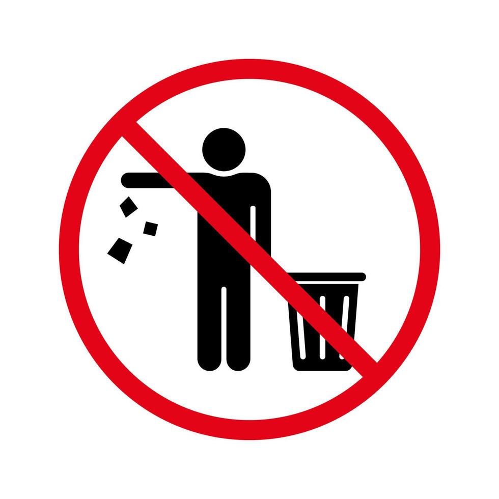 icona della sagoma di spazzatura di caduta proibita. non gettare il pittogramma del glifo spazzatura. avviso si prega di gettare i rifiuti nell'adesivo del cestino. attenzione si prega di mantenere pulito, non sprecare. illustrazione vettoriale isolata.