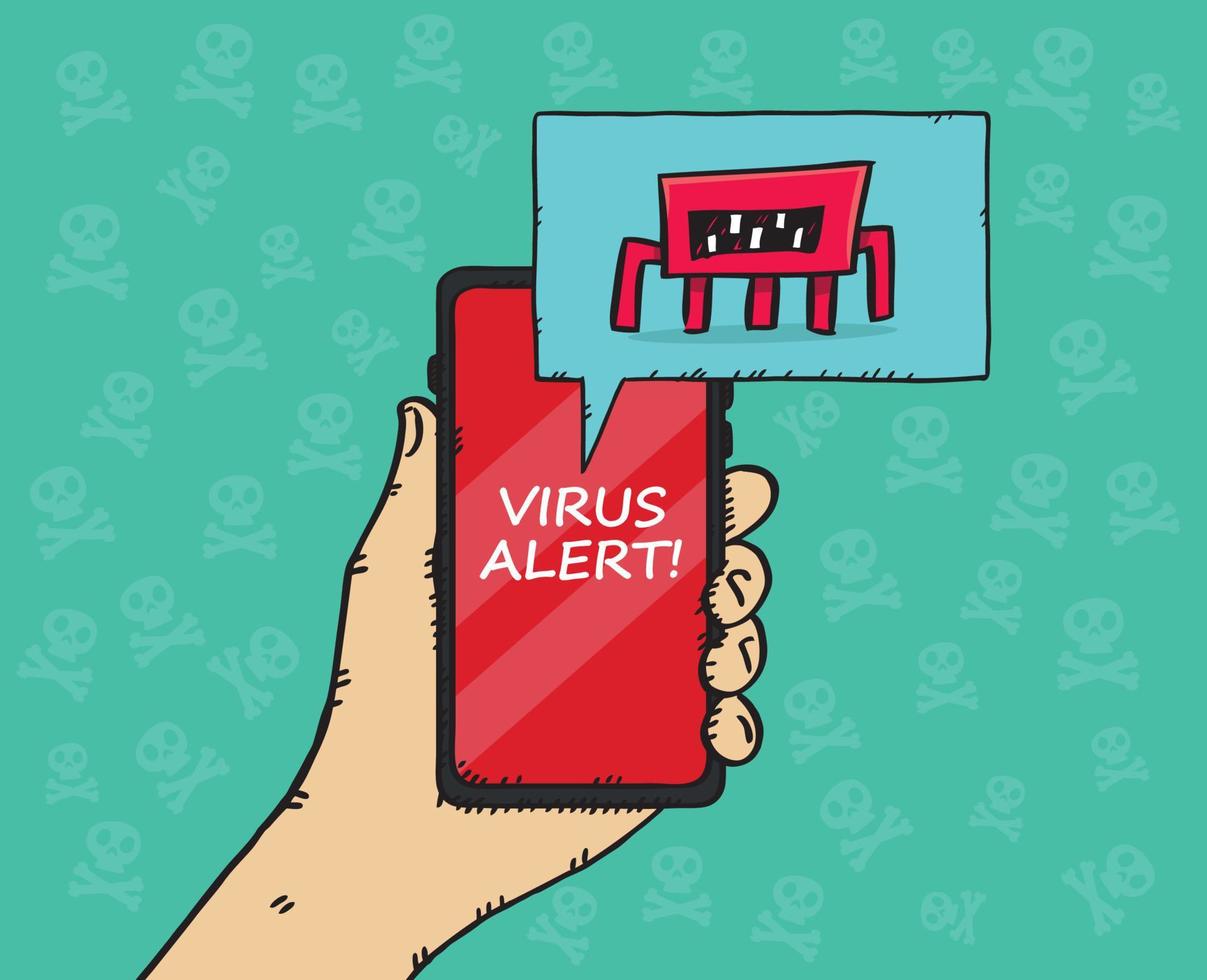 illustrazione disegnata a mano di una mano che tiene un telefono cellulare con un avviso di rilevamento virus. vettore