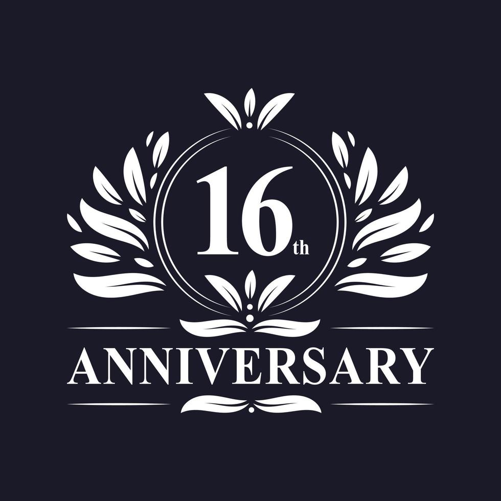 Logo dell'anniversario di 16 anni, lussuosa celebrazione del design del 16° anniversario. vettore