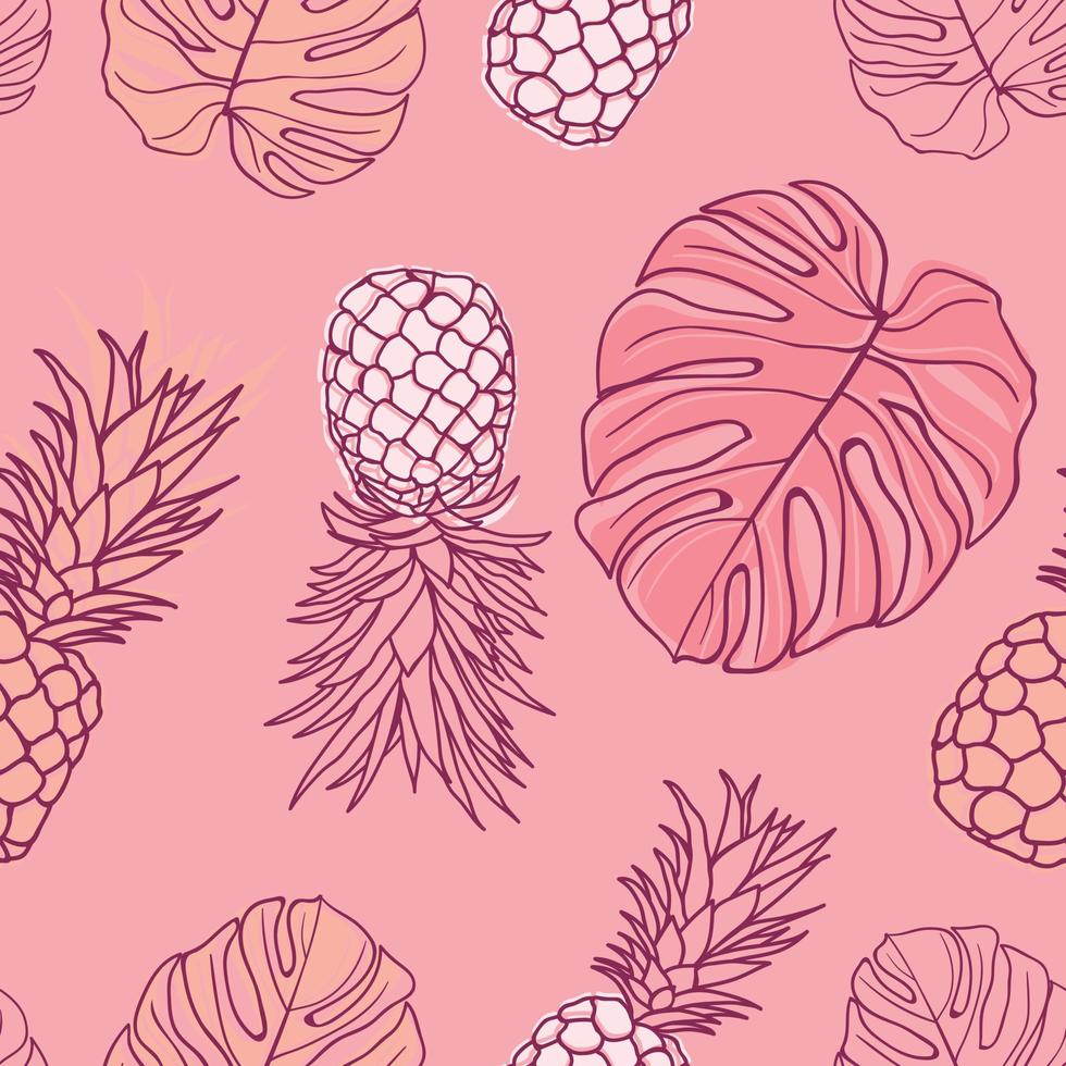 foglie floreali tropicali, foglie di palma, monstera, fondo senza cuciture di ananas. carta da regalo giungla esotica. bella stampa con piante esotiche disegnate a mano. design estivo per moda, stampa vettore