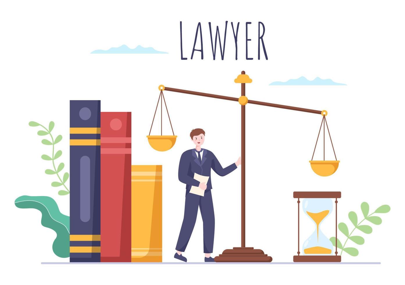 avvocato, avvocato e giustizia con leggi, scale, edifici, libro o martello del giudice di legno a consulente nell'illustrazione piana del fumetto vettore