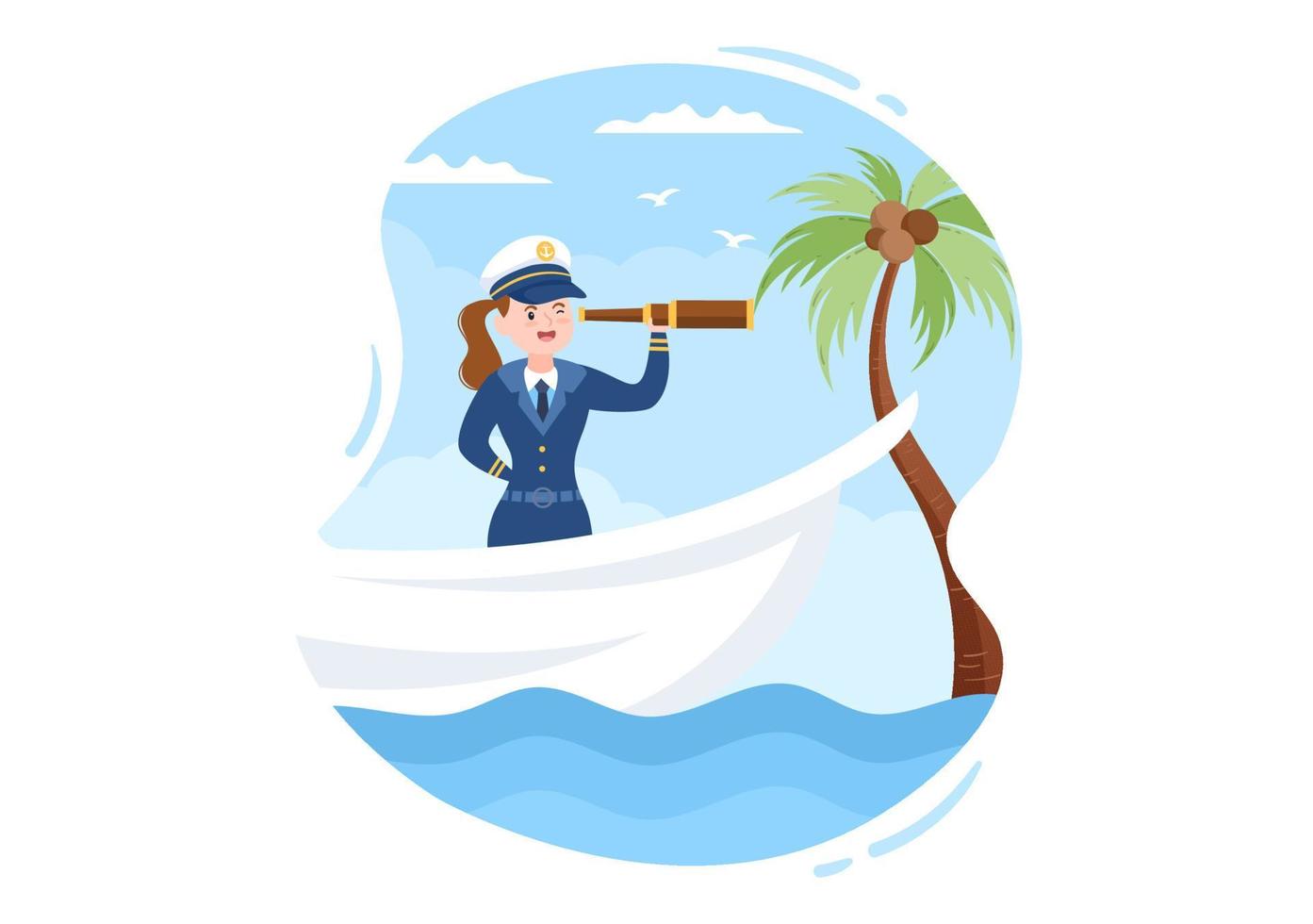illustrazione del fumetto del capitano della nave da crociera della donna in uniforme del marinaio in sella a una nave, guardando con il binocolo o in piedi sul porto in design piatto vettore