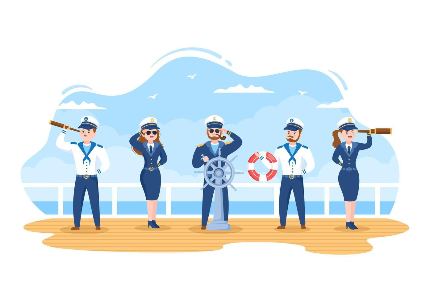 illustrazione del fumetto del capitano della nave da crociera in uniforme da marinaio a cavallo di una nave, guardando con il binocolo o in piedi sul porto in design piatto vettore