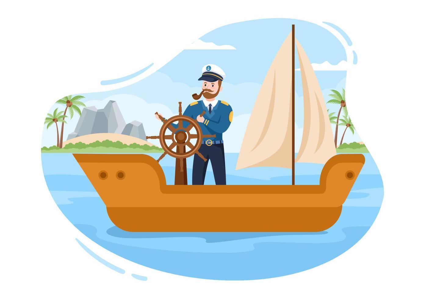 illustrazione del fumetto del capitano della nave da crociera dell'uomo in uniforme del marinaio in sella a una nave, guardando con il binocolo o in piedi sul porto in design piatto vettore