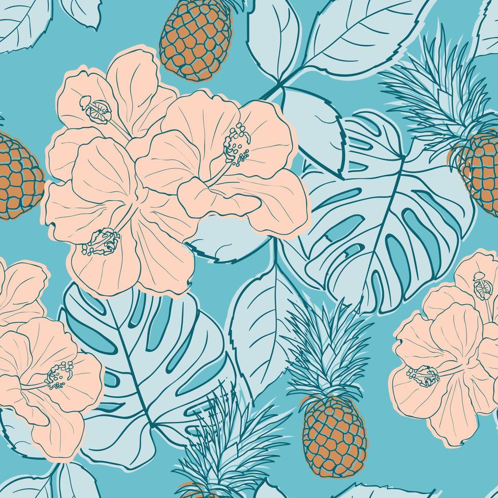 ibisco tropicale, foglie di palma, monstera, fondo senza cuciture di ananas. carta da regalo giungla esotica. bella stampa con piante esotiche disegnate a mano. design estivo per moda, stampa vettore