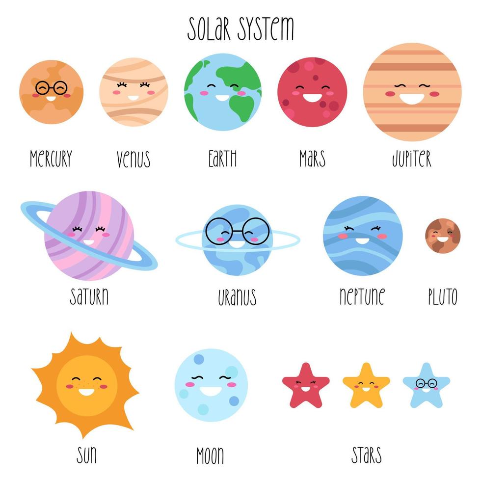 graziosi elementi del sistema solare. adesivi kawaii, icone, infografica per bambini. illustrazione vettoriale per bambini isolati su sfondo bianco.