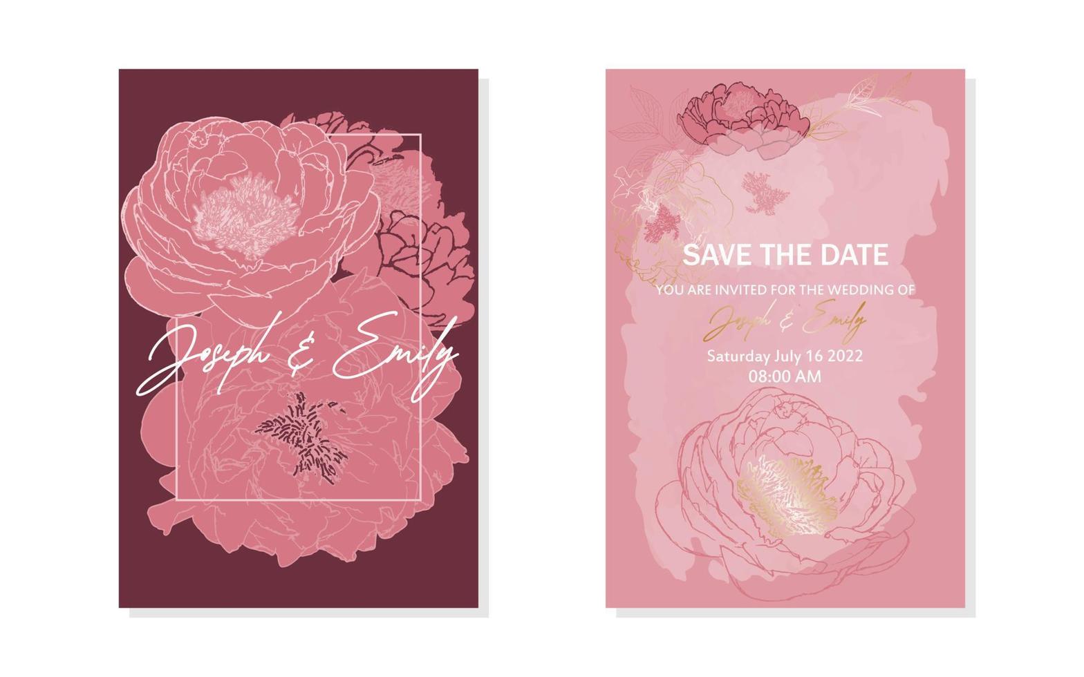 elegante set di disegni per inviti di nozze con peonie. modello floreale in colore rosa e oro con elementi botanici. sfondo vettoriale. set di inviti. vettore
