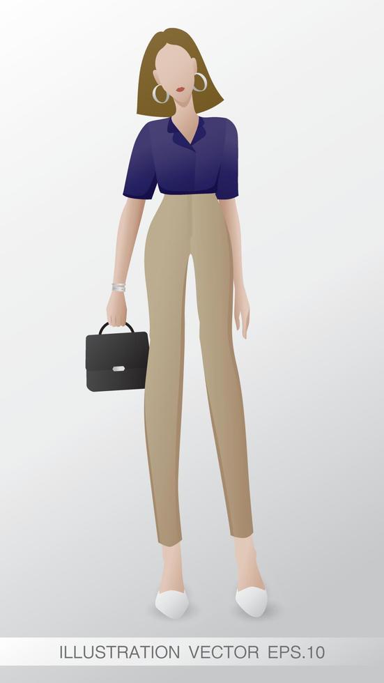 la donna di moda indossa pantaloni attillati e tiene un vettore di illustrazione della borsa.