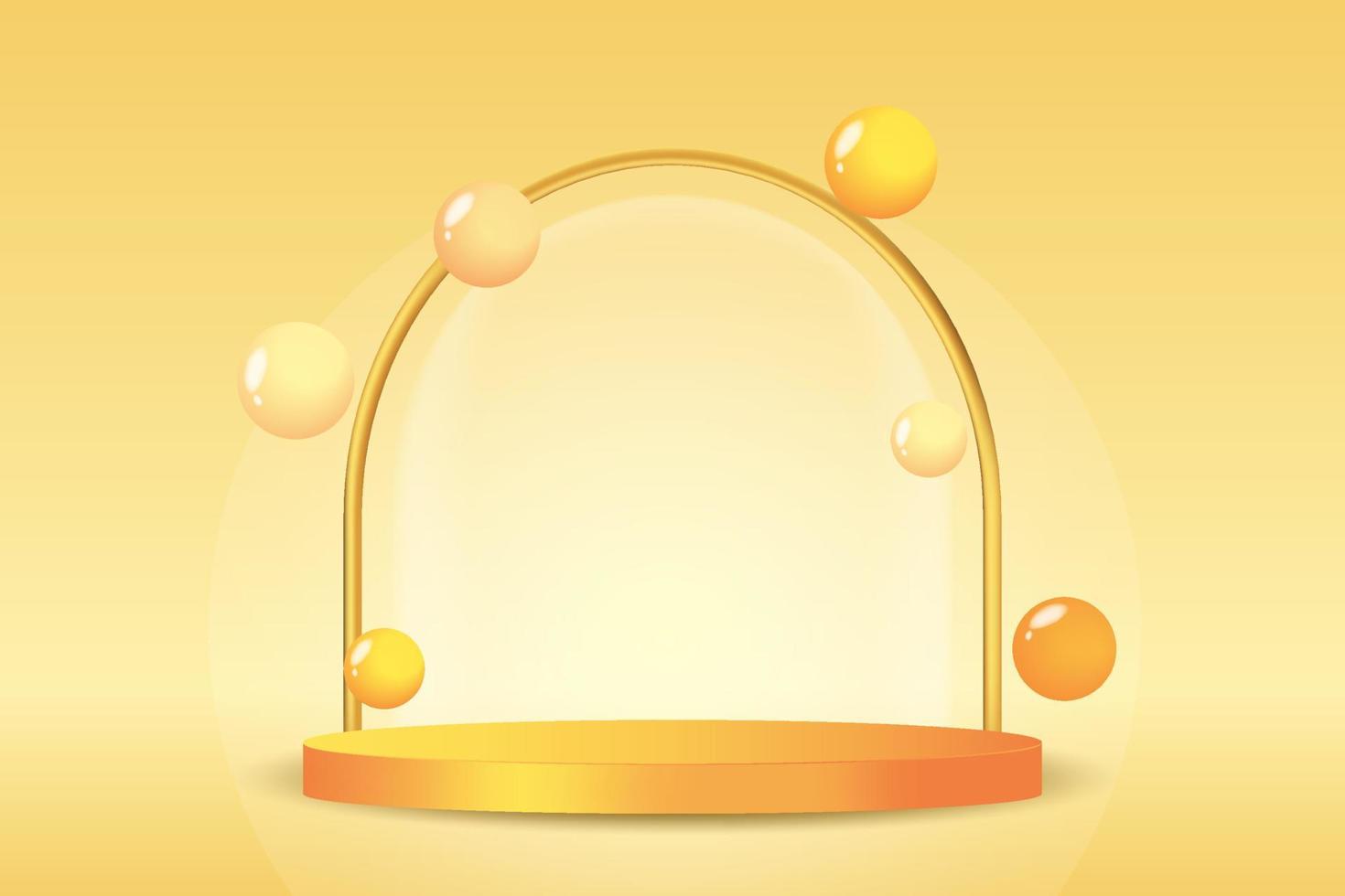 Mockup di podio arancione 3d. piattaforma di supporto del prodotto con design geometrico. arco d'oro vicino alla scena del display cosmetico vettore