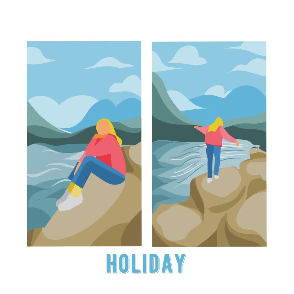 illustrazione grafica vettoriale di un tema di vacanza impostato nel lago, paesaggio, adatto per sfondo, banner, poster