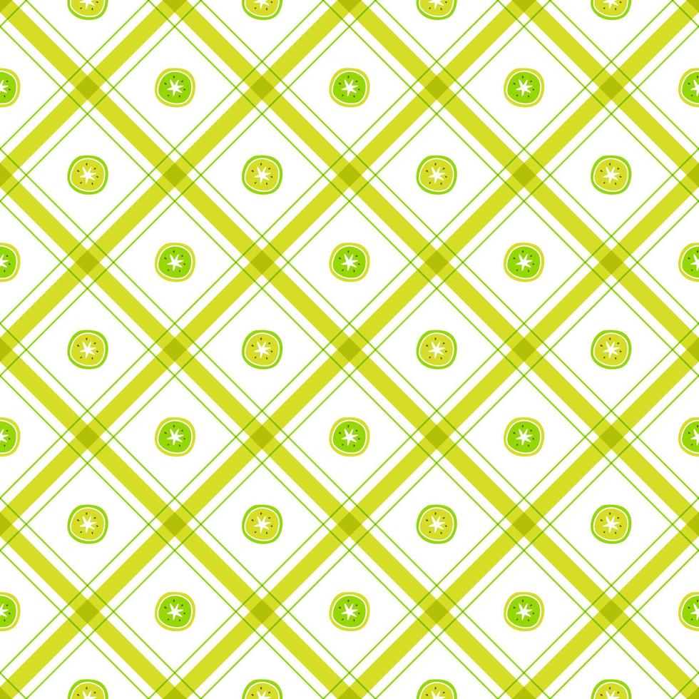 carino kiwi metà frutta elemento oro giallo verde striscia diagonale linea a righe inclinazione plaid a scacchi tartan bufalo scott percalle modello piatto cartone animato vettore senza soluzione di continuità modello stampa sfondo cibo