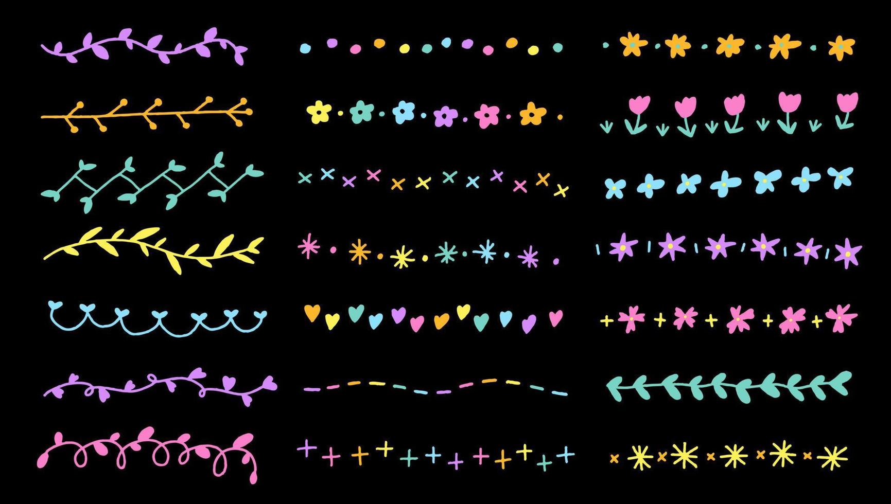set di disegno a mano disegnato fiore botanico neon astratto doodle linea alloro bordi cornici divisori corona collezione stile piatto arcobaleno luminoso colorato sfondo nero illustrazione vettoriale confezione elemento