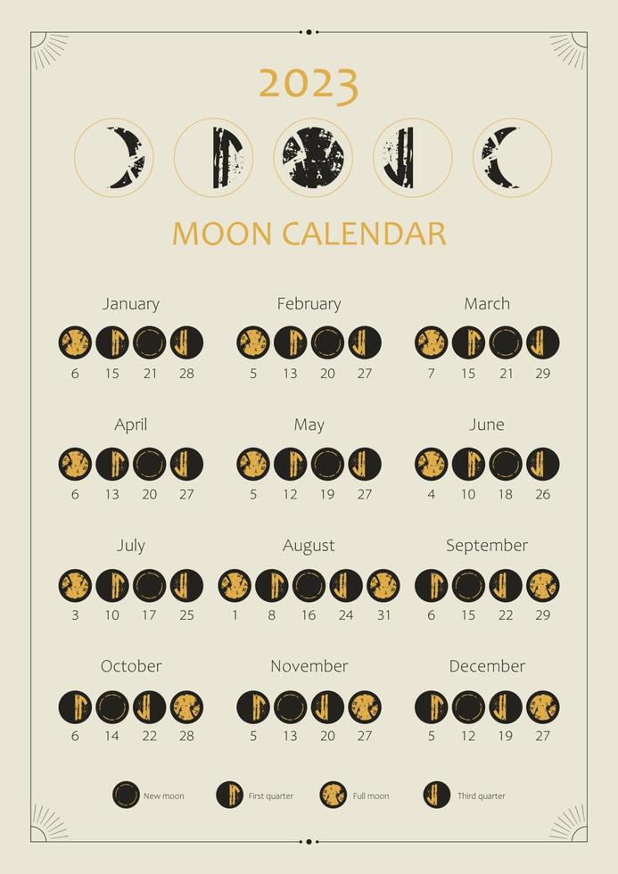 Calendario lunare 2023. disegno del calendario astrologico. ciclo delle fasi lunari. design moderno del modello del poster del calendario della luna boho. orari e cicli delle fasi lunari. illustrazione d'epoca vettoriale. modificabili a3, a4, a5 vettore