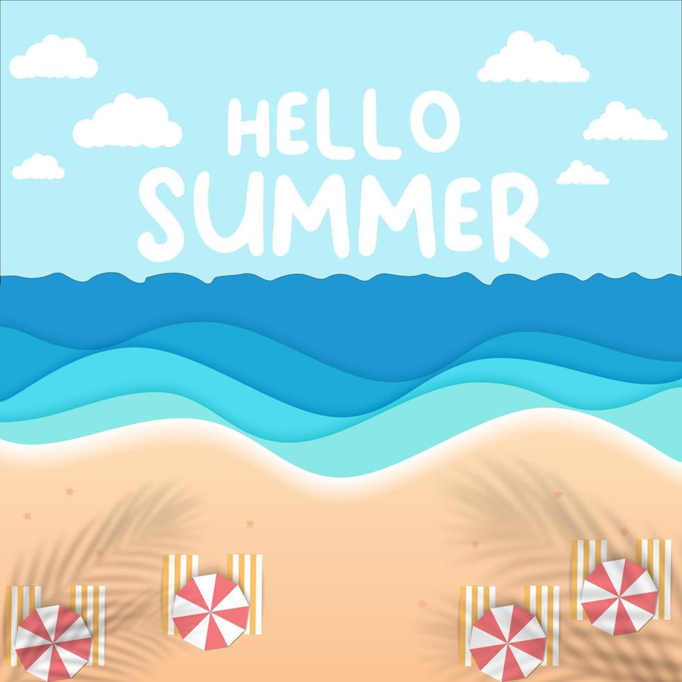 vista sullo sfondo della spiaggia con ombrelloni, stelle marine e mare. scenario estivo della spiaggia vettore