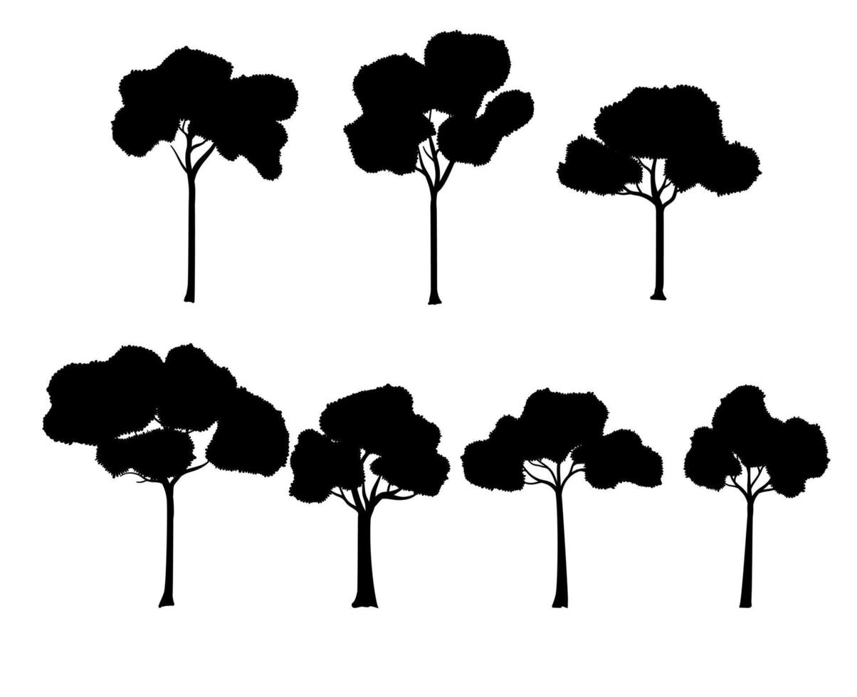 raccolta di illustrazioni di alberi neri con silhouette di cartoni animati. logo a tema natura o stile di vita sano o ecologia vettore