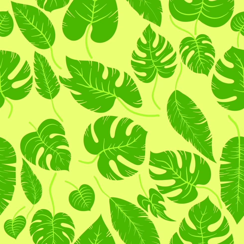 monstera a foglia semplice disegnata a mano e foglie di palma. vettore senza giunture cartone animato giallo positivo estate tropico foglie giungla pianta modello a strati con ombre. carta da parati, avvolgimento e sfondo.