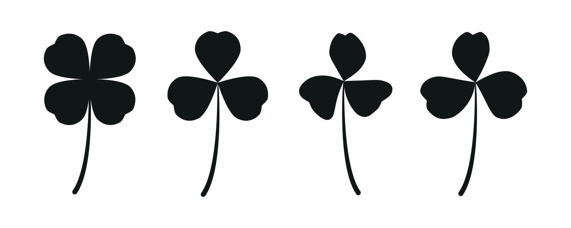 sagoma nero trifoglio fortunato foglia, trifoglio, quattro foglie shamrock isolato su bianco, per st. di patrick vettore