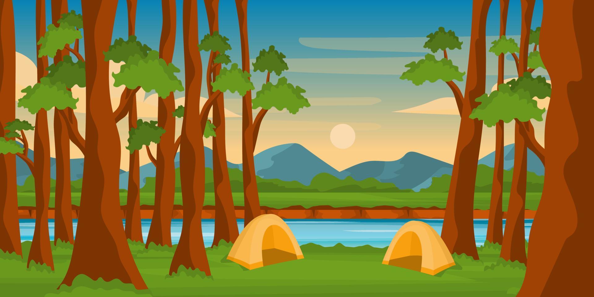 un campeggio con bellissimi alberi, vettore di sfondo