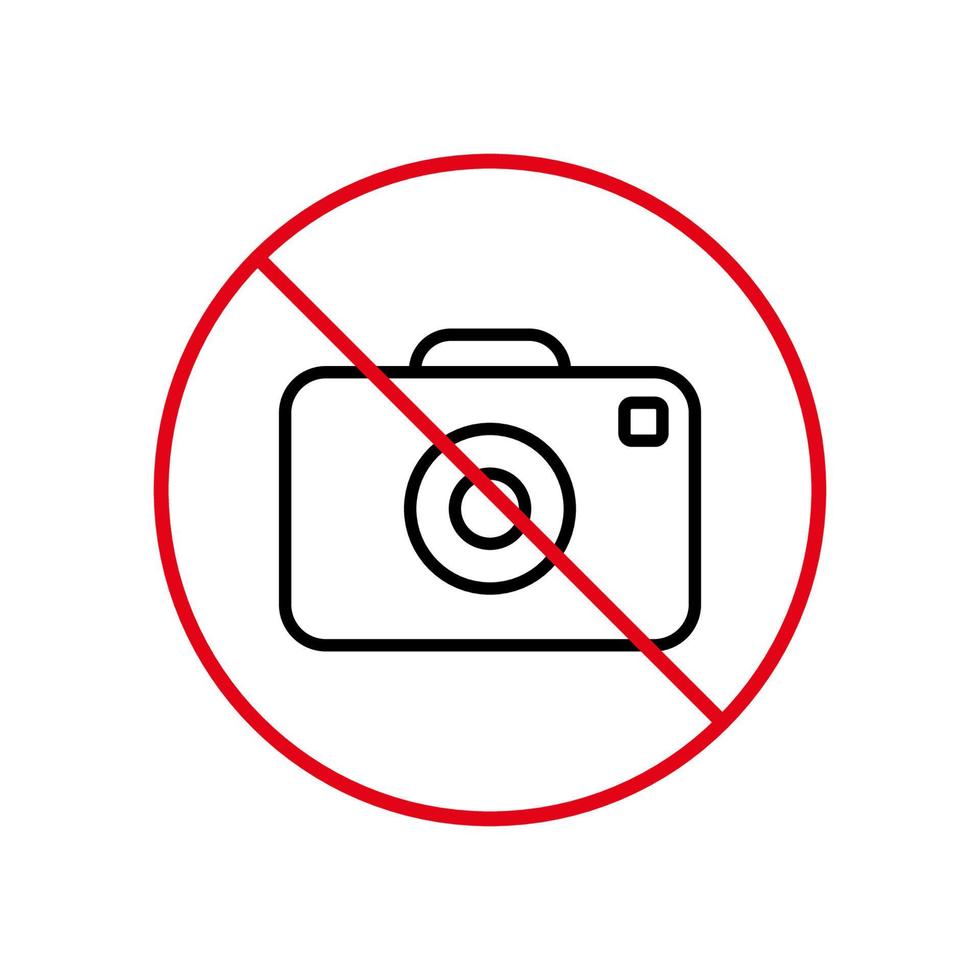 vietare l'icona della linea nera della fotocamera. simbolo di stop rosso della fotografia. nessuna zona consentita per l'acquisizione di immagini con la fotocamera pittogramma di contorno vietato. attenzione zona vietata fotocamera. illustrazione vettoriale isolata.
